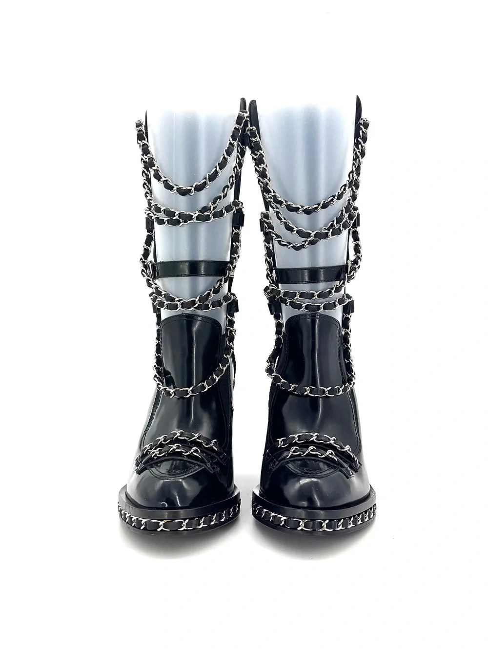 Chanel A/W2013 Karl Lagerfeld Chain Obsession Patent Leather Block Heel Boots 37
